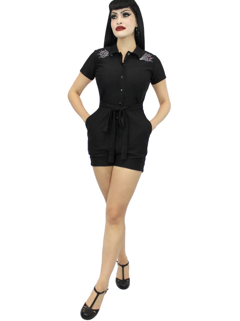 Black Short-Sleeve Button-Front Romper with Spiderweb Embroidery